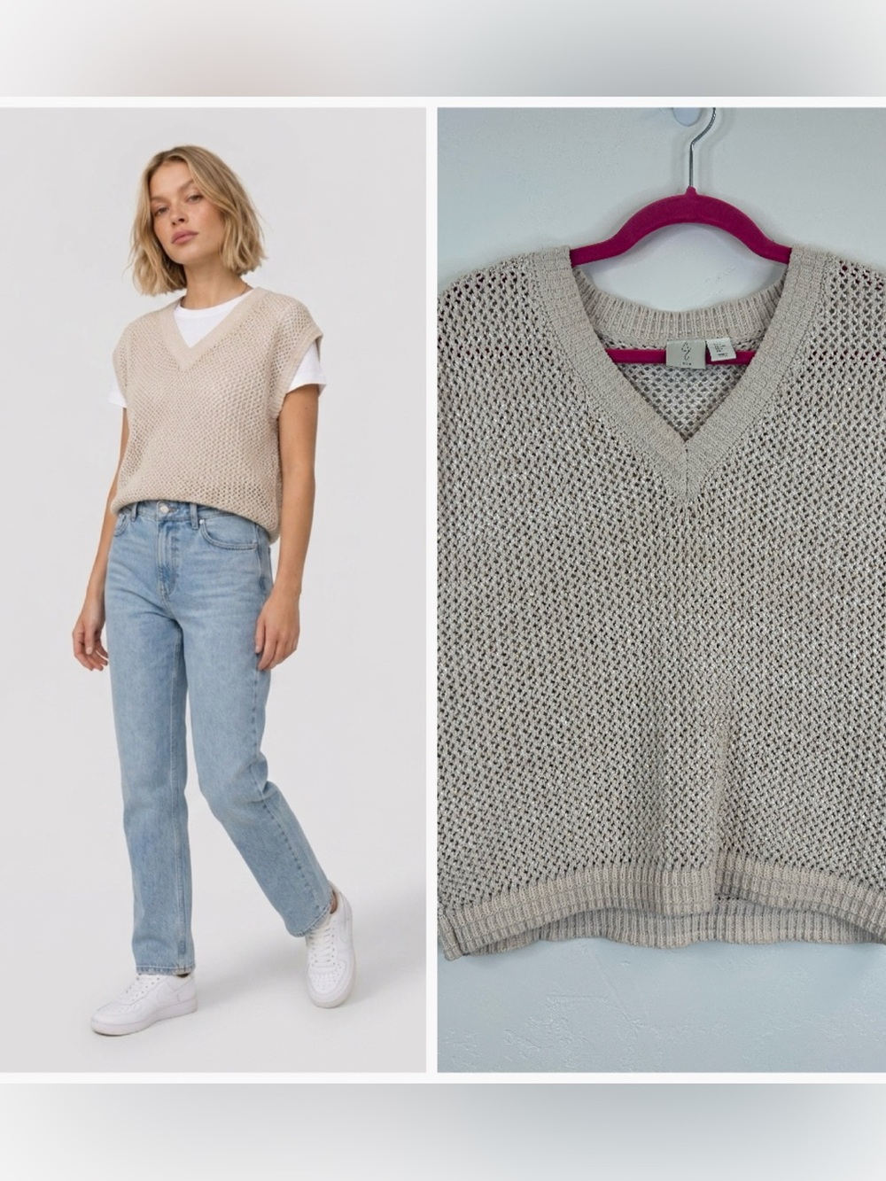 Open Knit Sleeveless Sweater Size L Sequins Preppy Tennis Academia Beige Joie‎